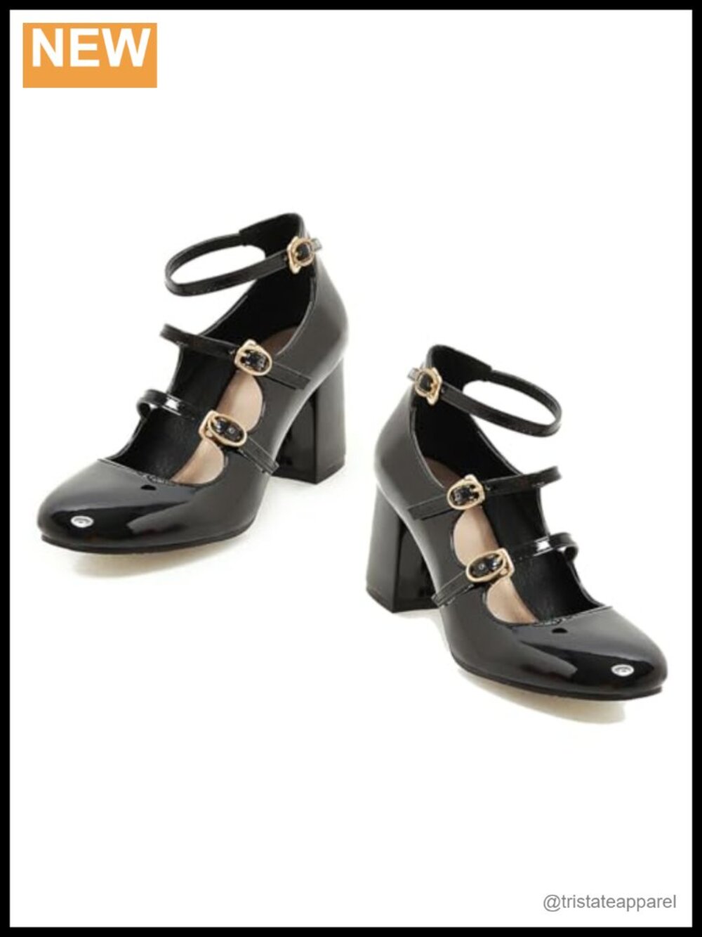 Patent Leather Mary Jane Pumps Chunky Block Heel Round Toe Ankle Strap
